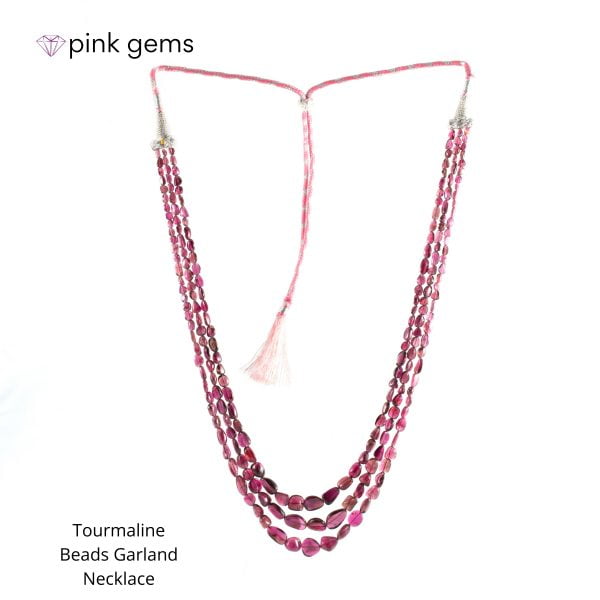 Tourmaline beads garland necklace 3 strands - pink gems